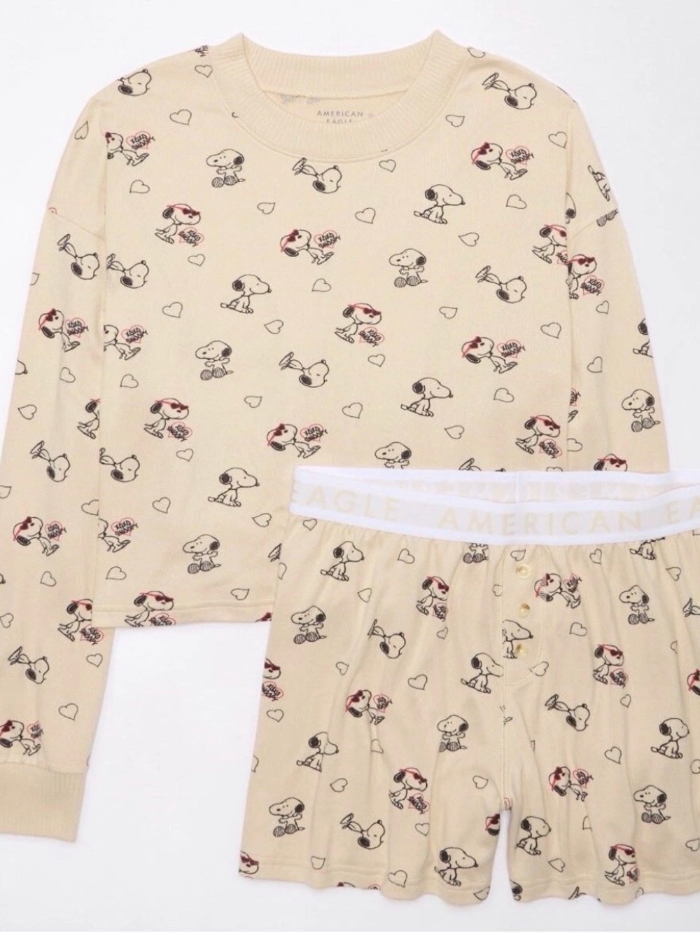 American Eagle Outfitters Cream Snoopy Heart Pajama Set